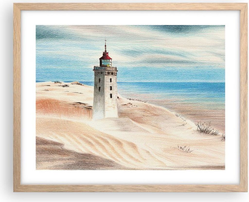 Gerahmtes Poster - Rahmen in heller Eiche - Laterne Meer Bild - 50x40 cm - Wand Bild - Wanddeko - Wandbilder - Kunstposter - Wandposter - Bilderrah...