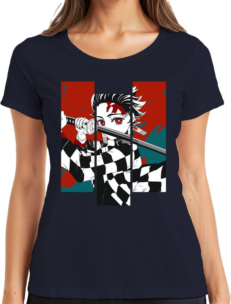 Demon Slayer Dämonenjäger Katana Karomuster Anime Manga Geschenk Damen T-Shirt, Navy, S