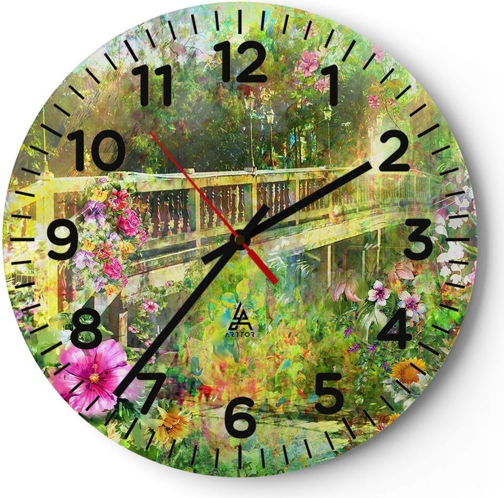 Wanduhr - Rund - Glasuhr - Brücke Park Blume Frühling - 40x40cm - Schleichendes Uhrwerk - Lautlos - zum Aufhängen bereit - Dekoration Modern - W...