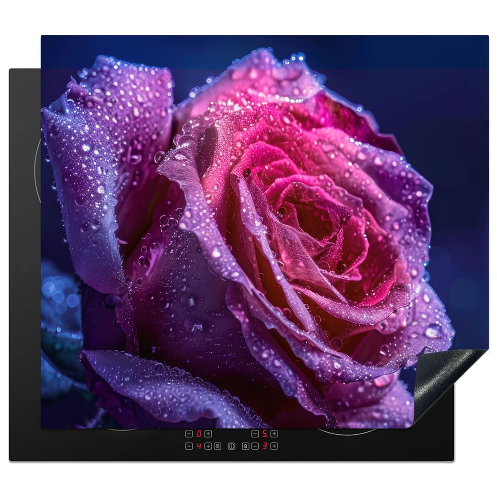 KitchenYeah Herdabdeckplatte Blume - Rose - Regentropfen , 58x51cm, Küche Deko, Glaskeramikkochfeld Herdabdeckung, Abdeckplatte fùr Kochfeld