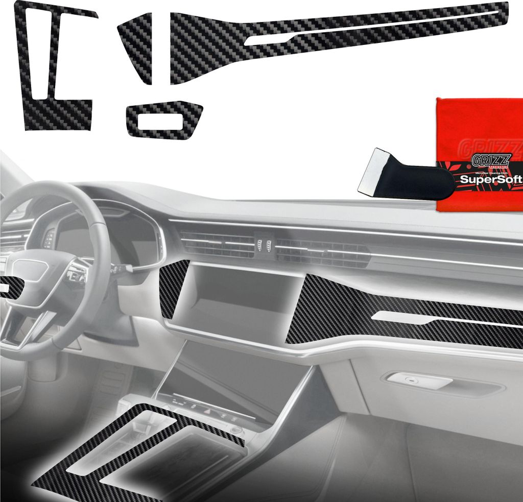 4in1 Schutzfolien für Mittelkonsole & Armaturenbrett - Audi RS6 C8 (2018-2025) Carbon Optik Glanz Grizz Protector