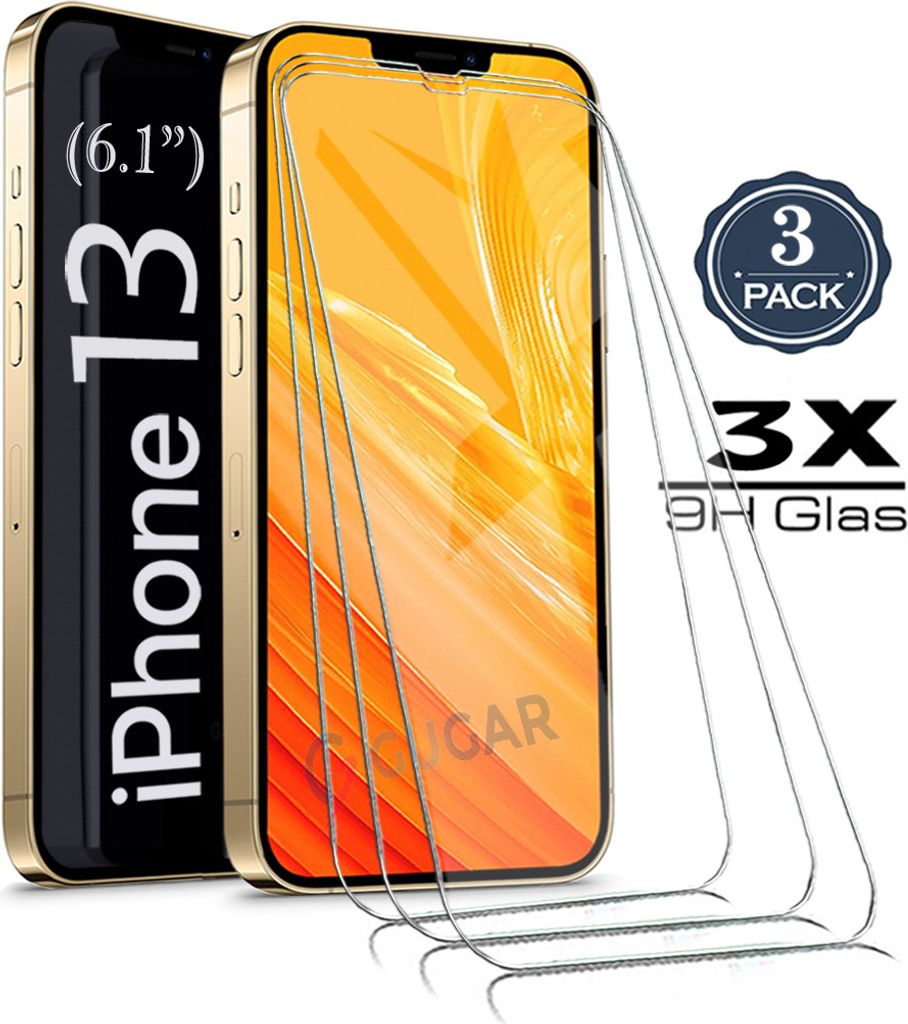 A product image showing an iPhone 13 and three screen protectors.