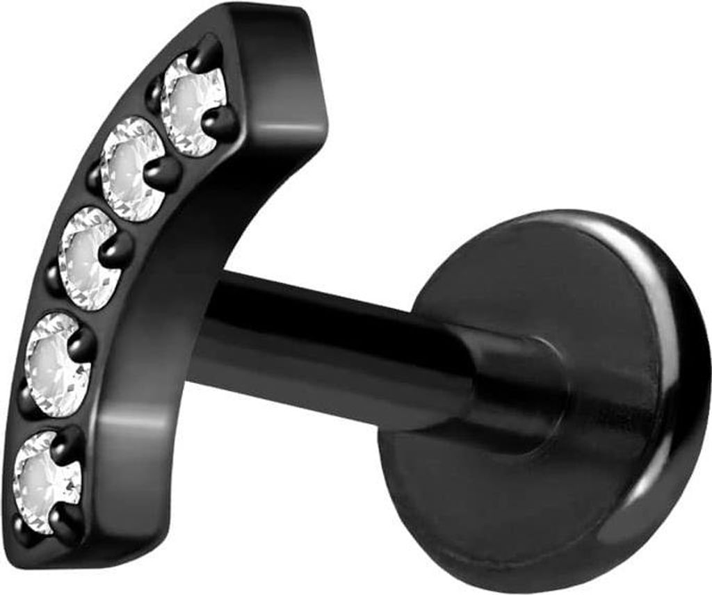 Ohrpiercing, Nasenpiercing Titan Labret mit Push Fit BOGEN + 5 KRISTALLE Schwarz Stablänge: 10mm | Stabstärke: 1,2mm