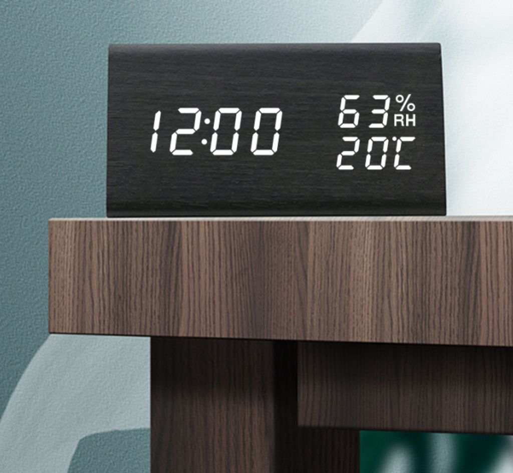 INF LED-Wecker aus Holz, mit Temperatur- und Produktbild 2