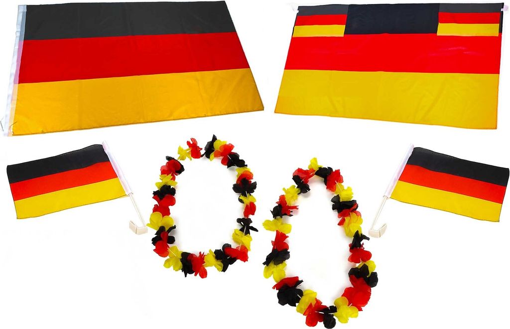 Deutschland 6-er Set Fanartikel, 1x Deutschland-Fahne, 2x Autofensterfahnen, 2x Hawaii-Ketten und 1x Flaggen-Cape mit Ärmel und Daumenschlaufen