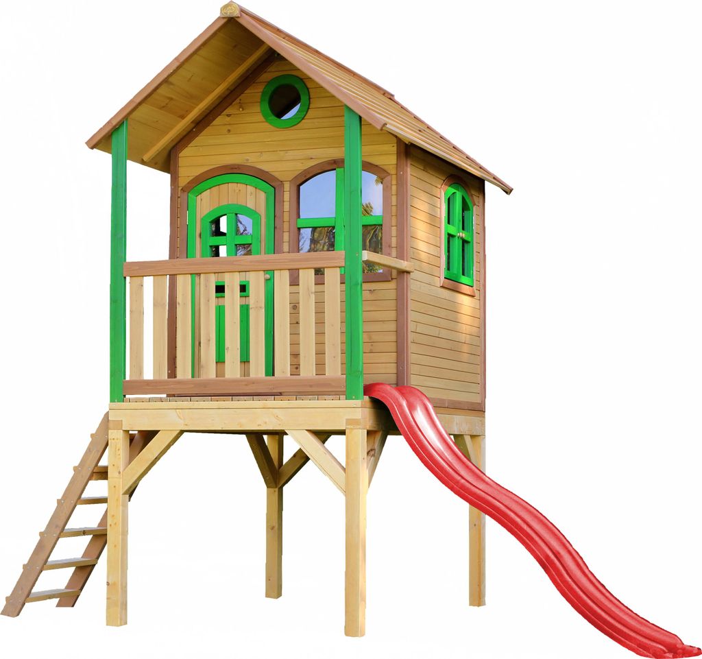 AXI Spielhaus Laura mit rote Rutsche | Stelzenhaus in Braun & Grün aus Holz für Kinder | Spielturm mit Wellenrutsche für den Garten