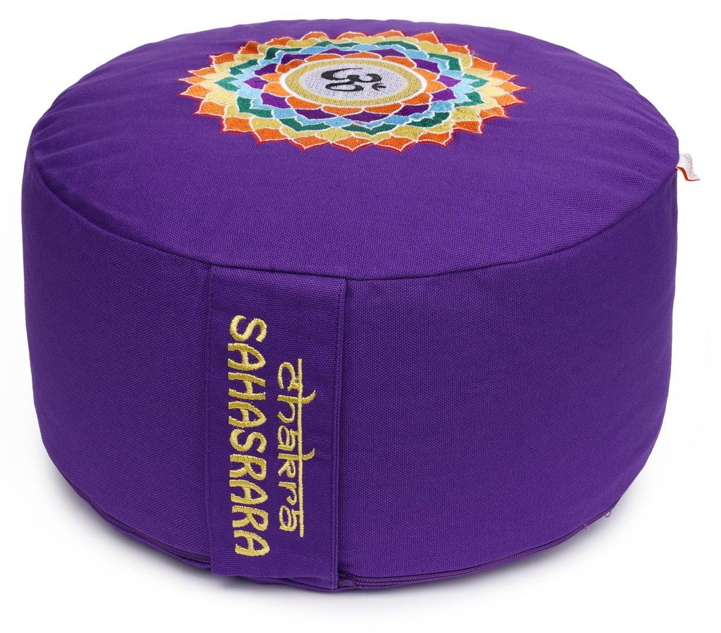yogabox Meditationskissen Glückssitz Chakra - lila / Symbol: Chakra Kronen-Chakra mit OM (Sahasrara) 33 x 33 x 15 cm Buchweizenschalen