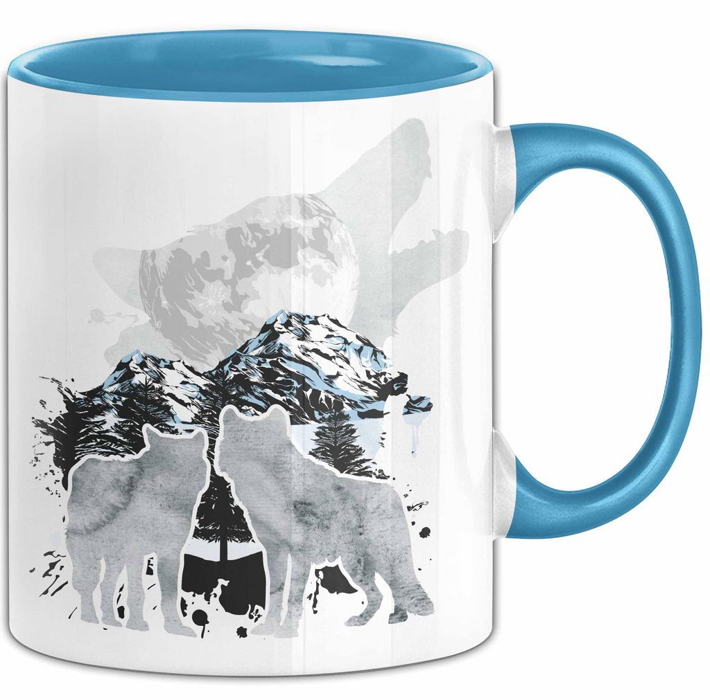 Wolf Tasse Geschenk Heulender Wolf Vögel Mond Silhouetten Geschenkidee (Blau)
