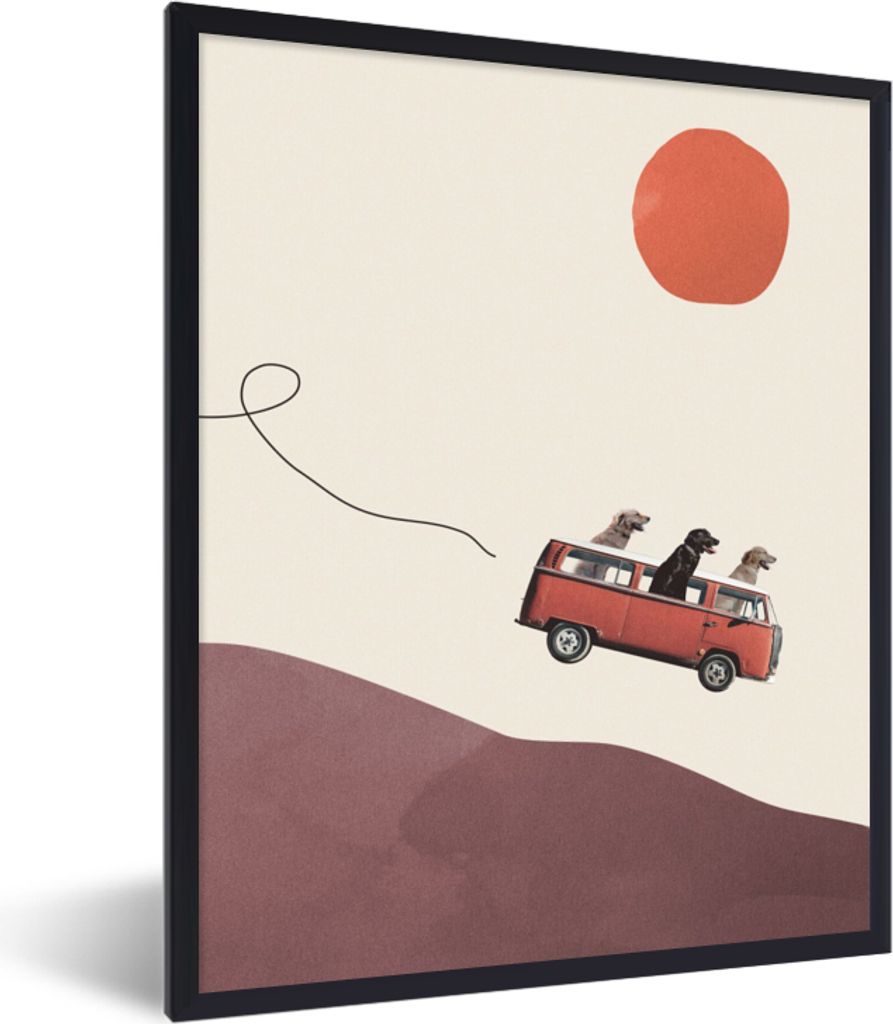 MuchoWow Gerahmtes Poster Hund - Retro - Bus 30x40 cm - Poster mit Schwarzem Bilderrahmen Wandposter Rahmen Foto Bilder - Wanddeko - Kunstdrucke