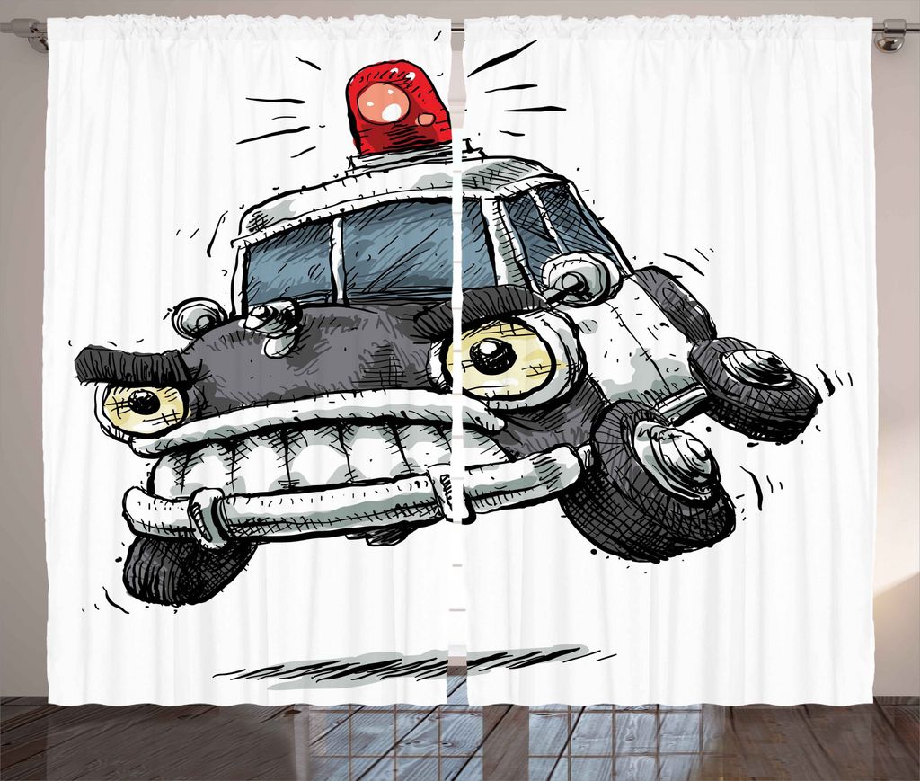 ABAKUHAUS Karikatur Rustikaler Vorhang, Polizeiwagen Kunst Bild, Wohnzimmer Universalband Gardinen mit Schlaufen und Haken, 280 x 225 cm, Weiß und...