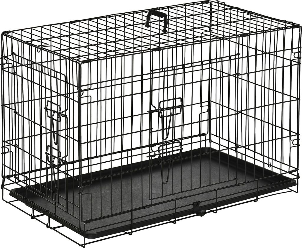 PawHut Hundekäfig Transportkäfig Drahtkäfig mit Gitter Hundebox Transportbox Kleintierkäfig Reisebox zusammenklappbar Metall Schwarz 76 x 46 x ...