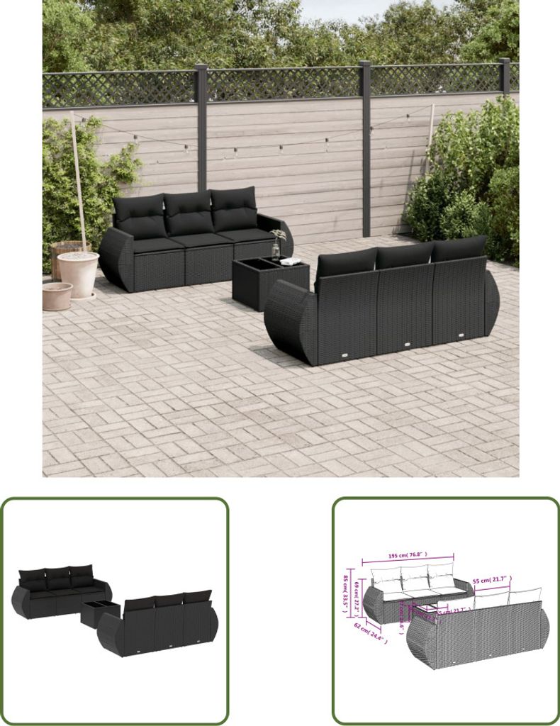 The Living Store 7-tlg. Garten-Sofagarnitur mit Kissen Schwarz Poly Rattan