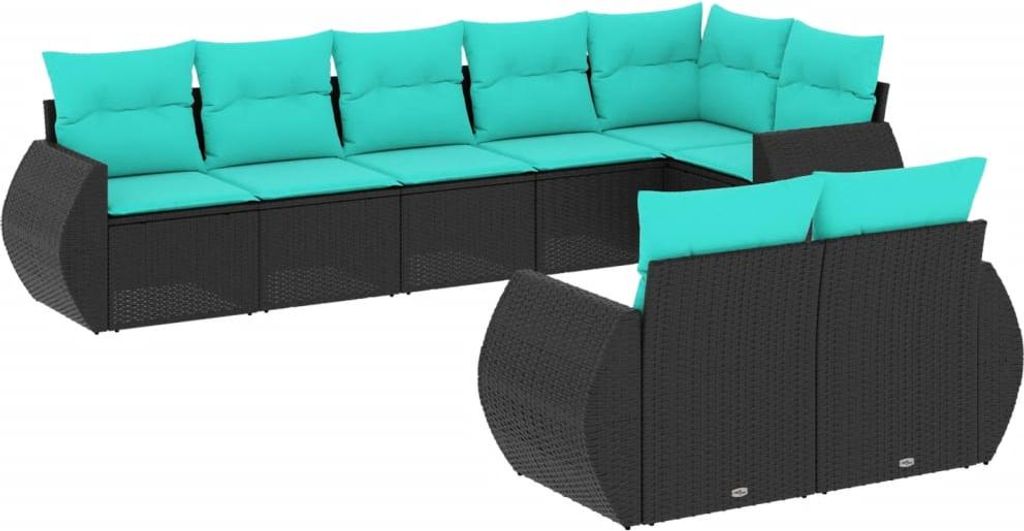 8-teiliges Gartensofa-Set mit Kissen, schwarzes Polyrattan