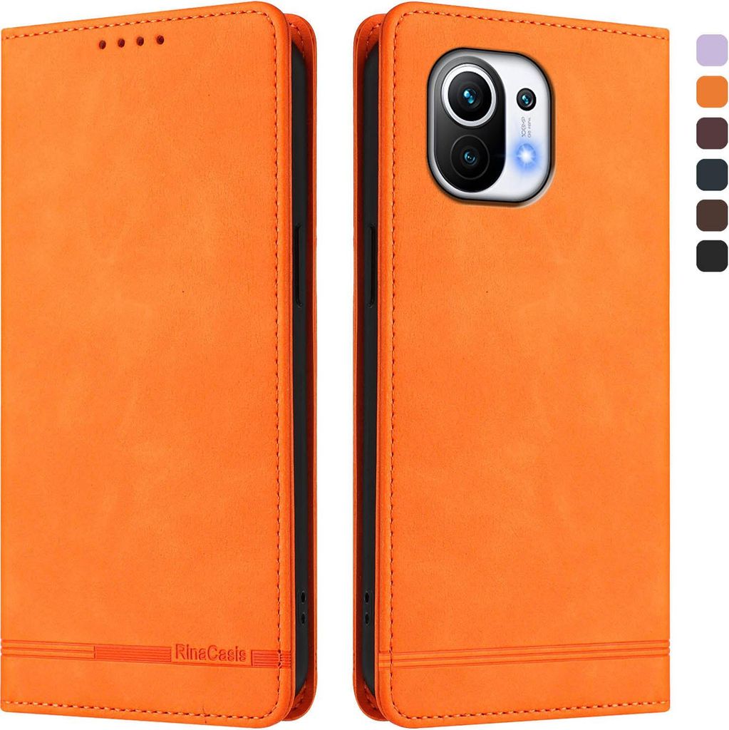 Hülle für Xiaomi Mi 11, Retro Kunstleder Ständer Klapphülle mit Kartenfächer und Magnetische Orange