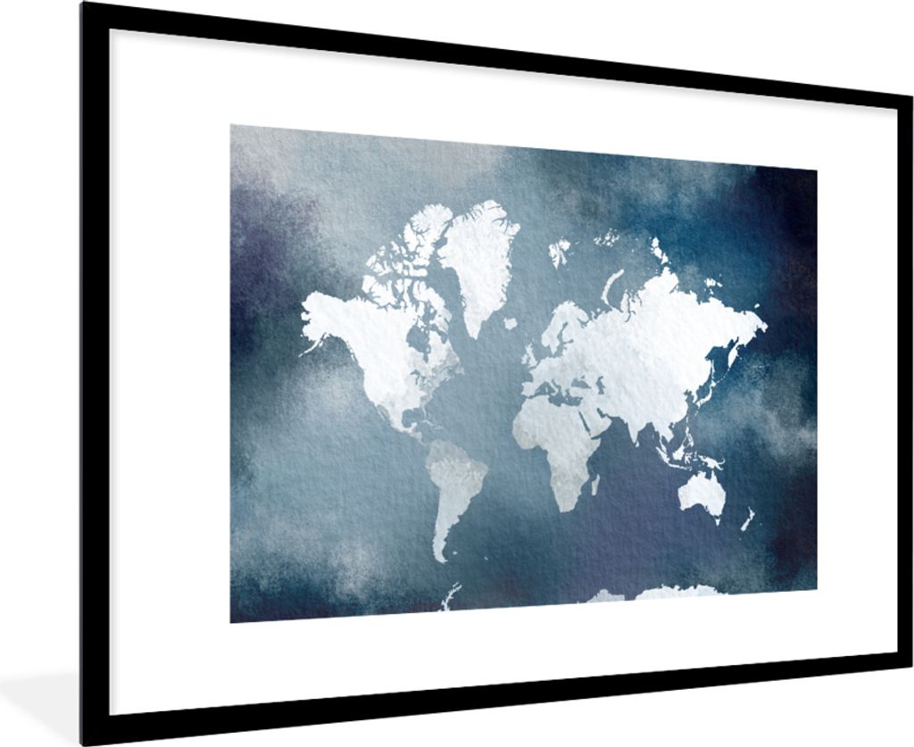 MuchoWow MuchoWow Gerahmtes Poster Weltkarte - Aquarell - Blau 90x60 cm - Poster mit zchwarzem Bilderrahmen - Wanddekoration - Fotos