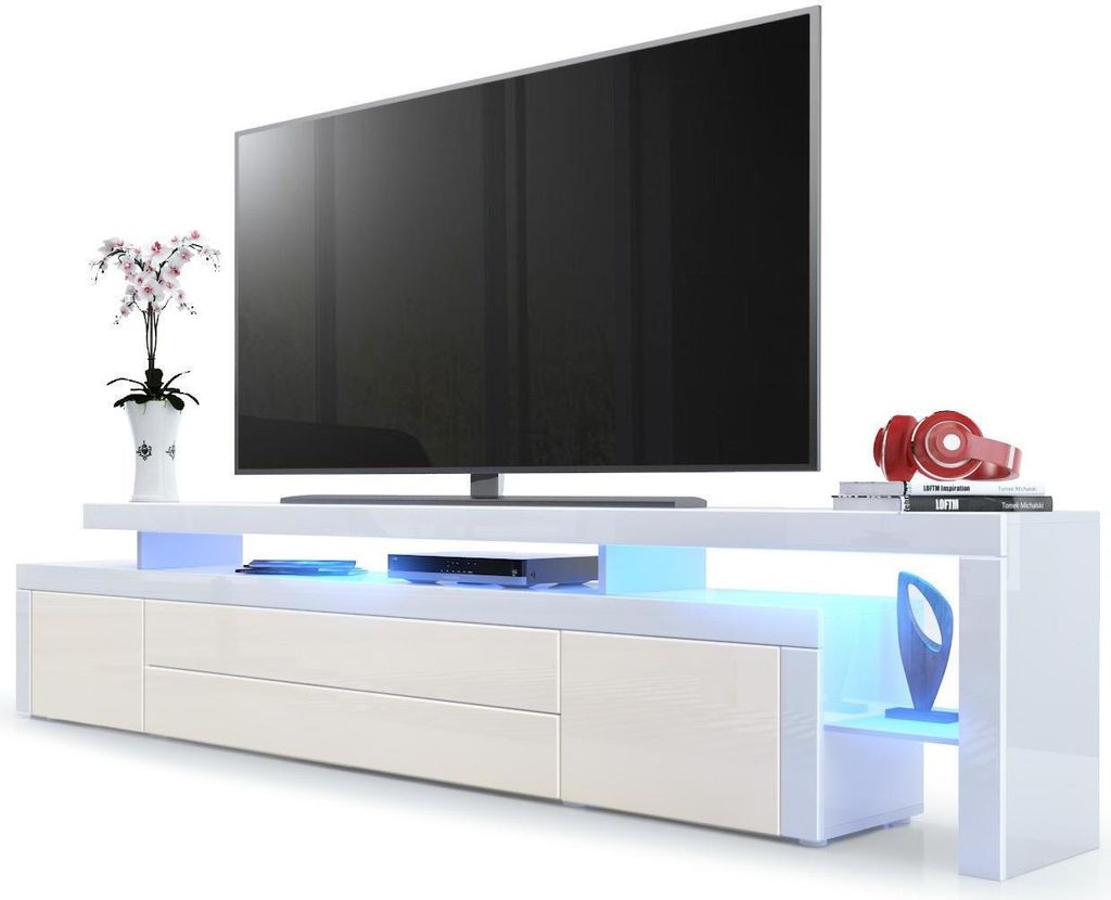 Vladon TV Board Lowboard Leon V3, Germany, Korpus und Überbau in Weiß Hochglanz / Front in Creme Hochglanz mit Rahmen in Weiß Hochglanz inkl. LE...
