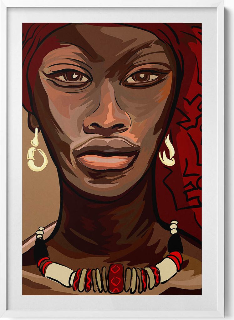 Kunst - Gemälde einer afrikanischen Frau– Wandbild mit Rahmen – Gerahmtes Bild – Wanddekoration – 70x100 cm – Weiß Rahmen