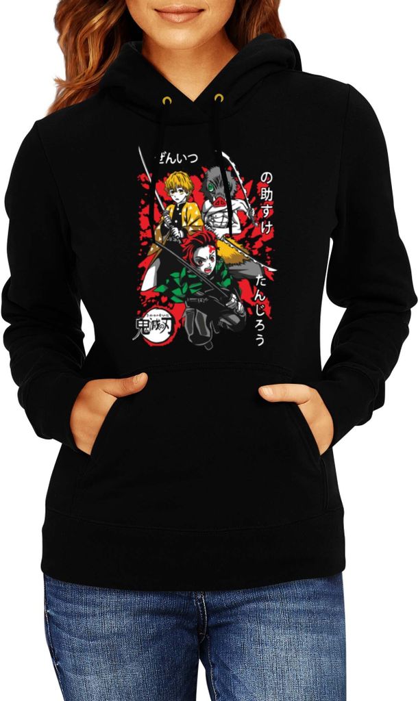 Damen Kapuzenpullover Demon Anime Slayer Tanjiro Zenitsu Inosuke 002, Lady L / Schwarz