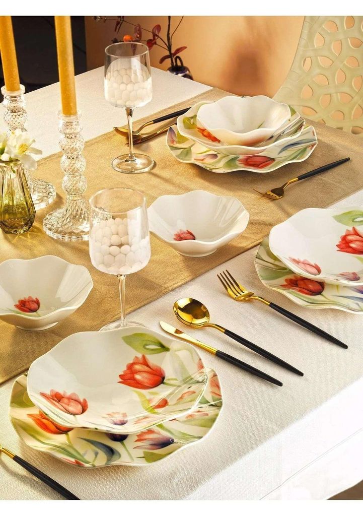 Hermia Concept, Hochwertiges 18-teiliges Dinner Set aus 100% Porzellan | 6 Servierplatten (26 x 26 x 2 cm), 6 Teller (21,5 x 21,5 x 3,5 cm), 6 Scha...