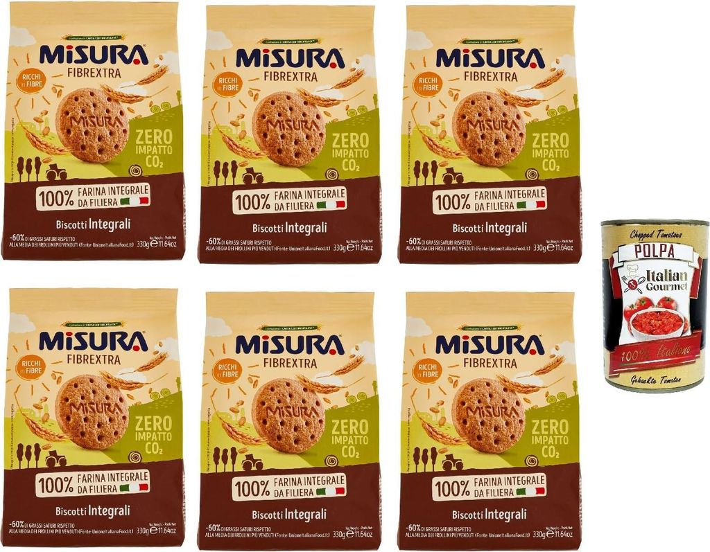 6x Misura Biscotti Integrali Fibrextra Vollkornkekse, 100% Vollkornmehl, Reich an Ballaststoffen, biscuits cookies 330g + Italian Gourmet polpa 400g