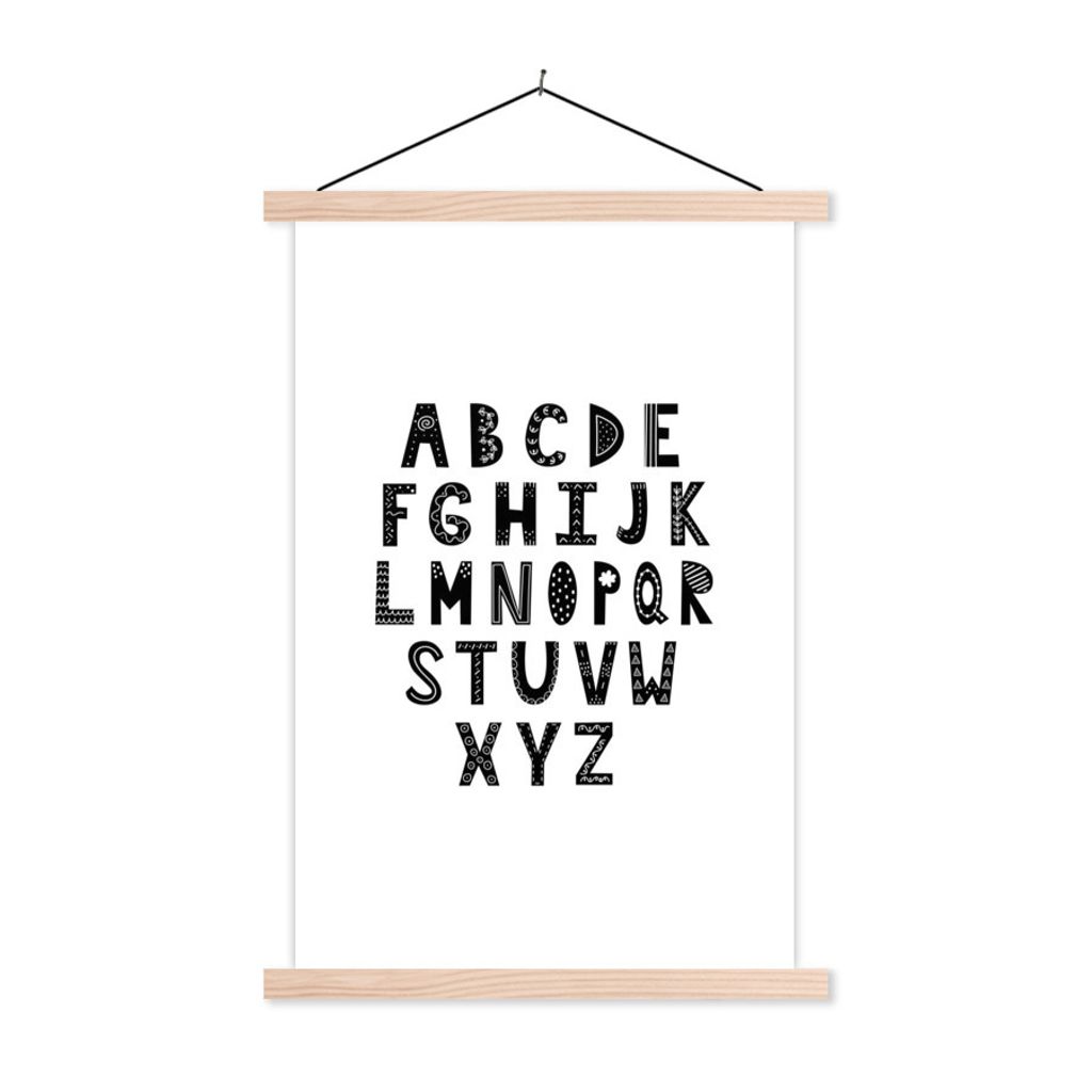 MuchoWow Textilposter Illustration Alphabet schwarzen Buchstaben auf einem weißen Hintergrund 40x60 cm mit holzfarbenen Rahmen - Poster