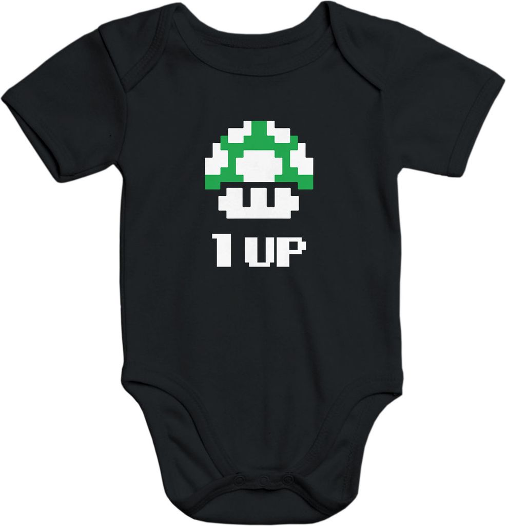 Baby Body Geburtstag Retro Pixel Pilz 90er Konsole Spiel Level up Baumwolle Moonworks schwarz 0-3 Monate