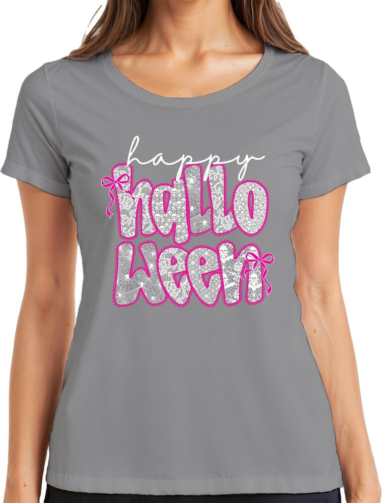 Happy Halloween Spinnennetz Spitze Pink Schleife Gothic Mädchen Damen T-Shirt, Grau, M