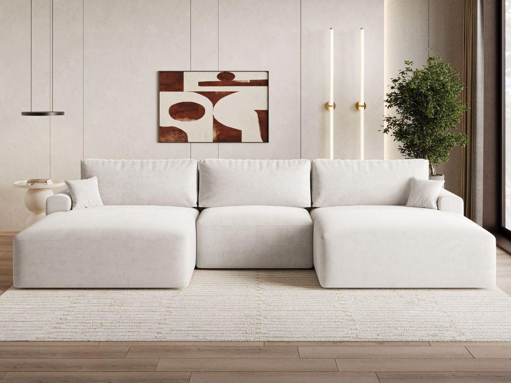 GrainGold Ecksofa U-Form Serene - Ecksofa mit Schlaffunktion, Bettkasten - Moderne Ecksofa, Wohnzimmer Sofa - Eckcouch mit Velvet-Stoff - Creme (Ca...