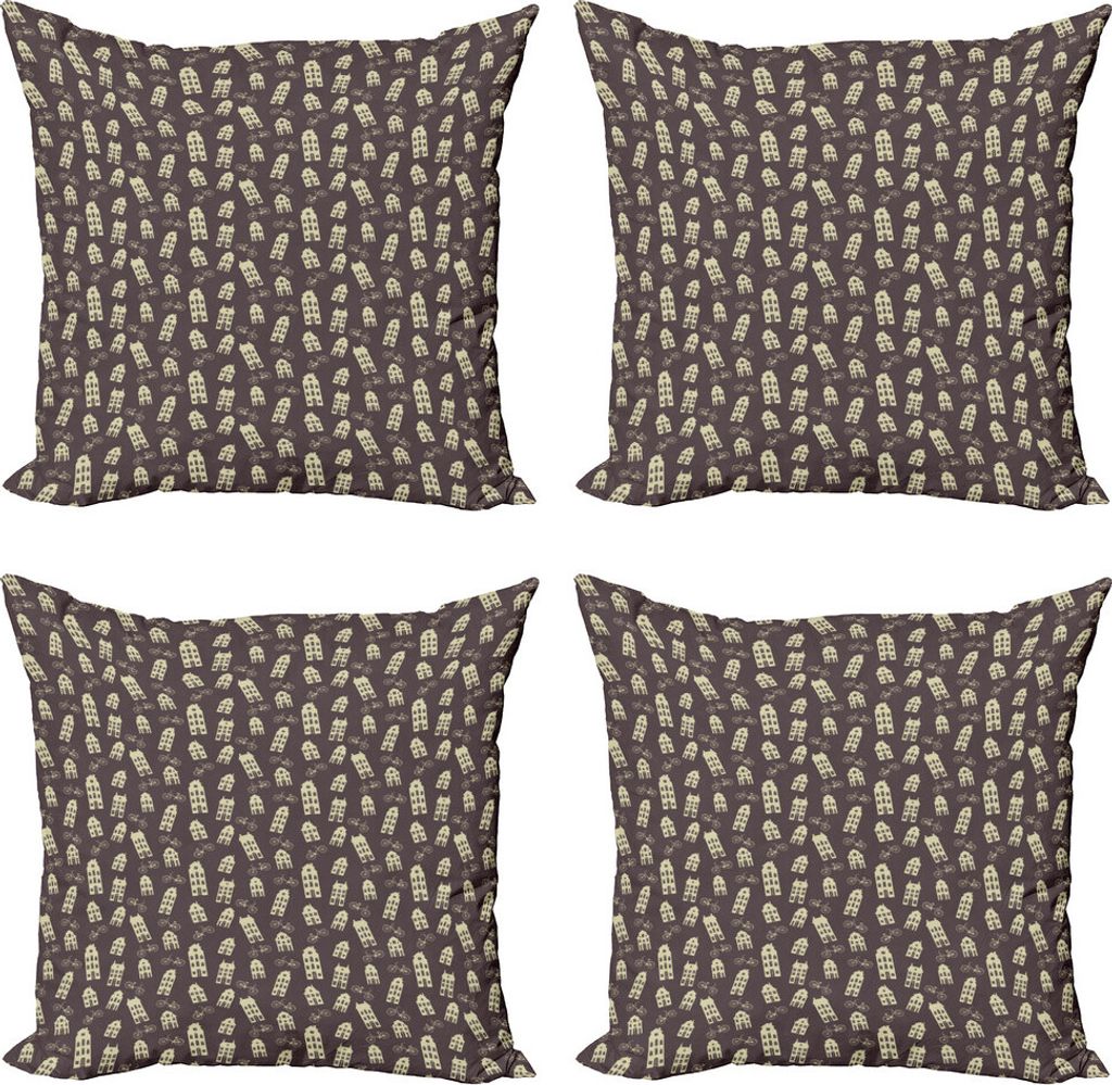 ABAKUHAUS Amsterdam Kissenbezug Set (4 Stück), Retro Häuser und Fahrräder, Moderner Doppelseitiger Digitaldruck, 45 cm x 45 cm, Dunkle Taupe-Creme