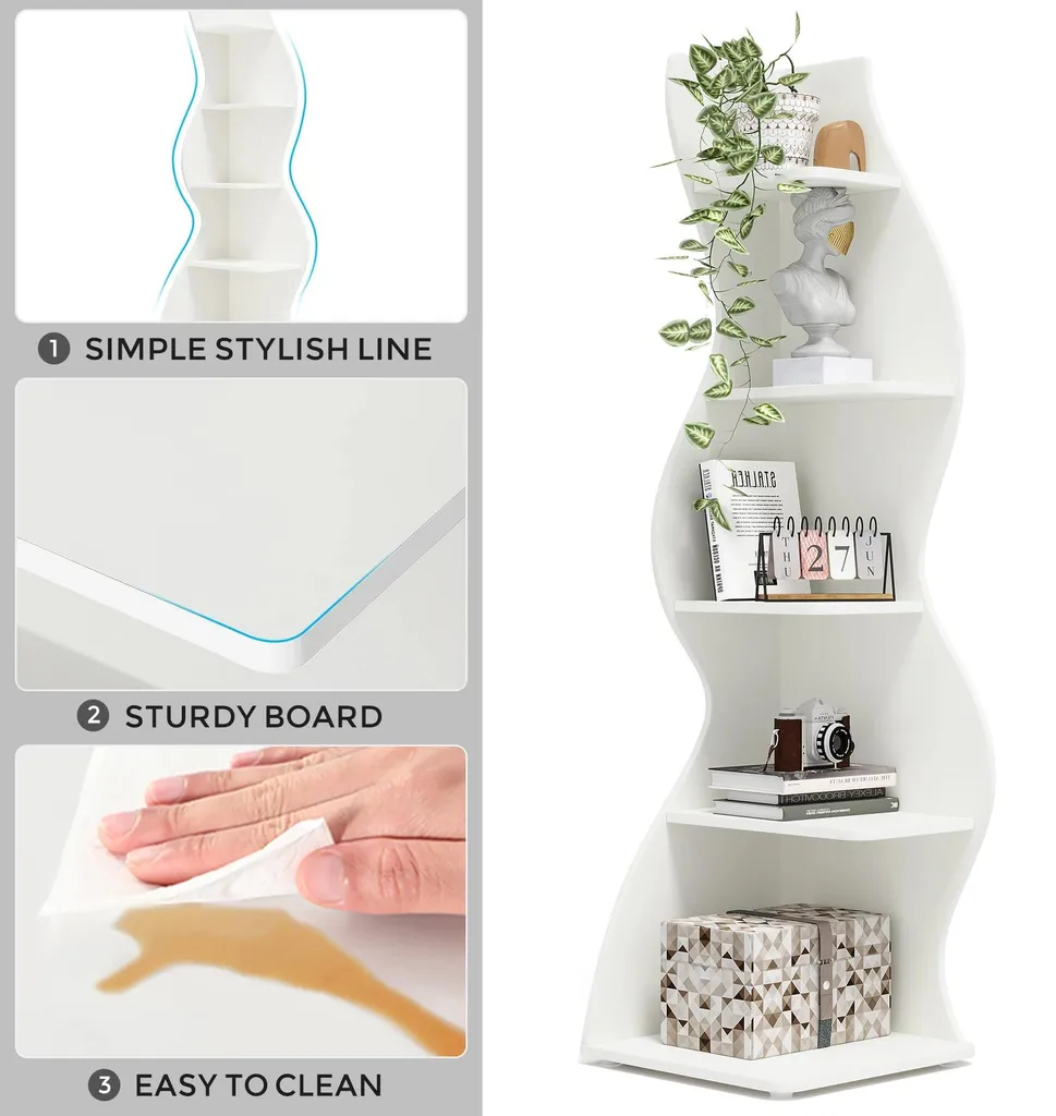 Meuble d'angle blanc pour salon et bureau - Étagère ondulée 5 étages déco
