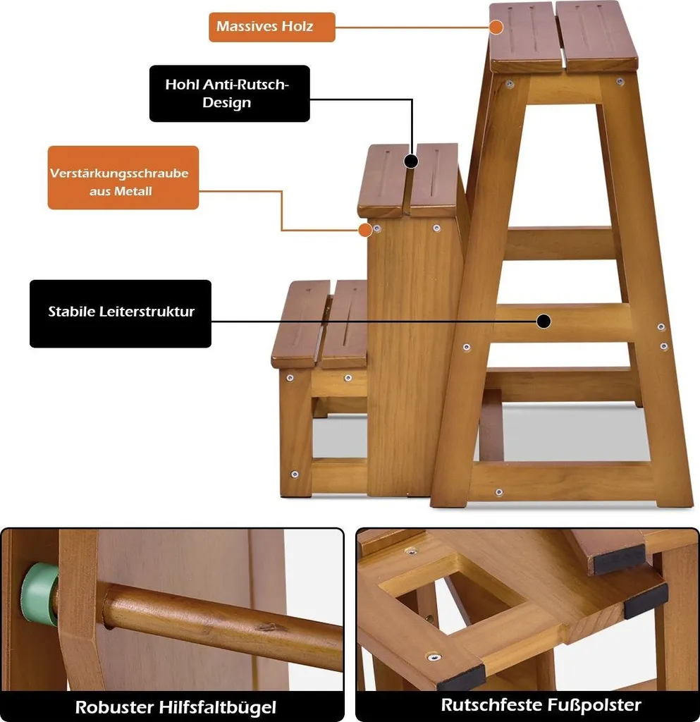 Chaise Échelle Transformable 3 Marches Noyer - Gain de Place Idéal