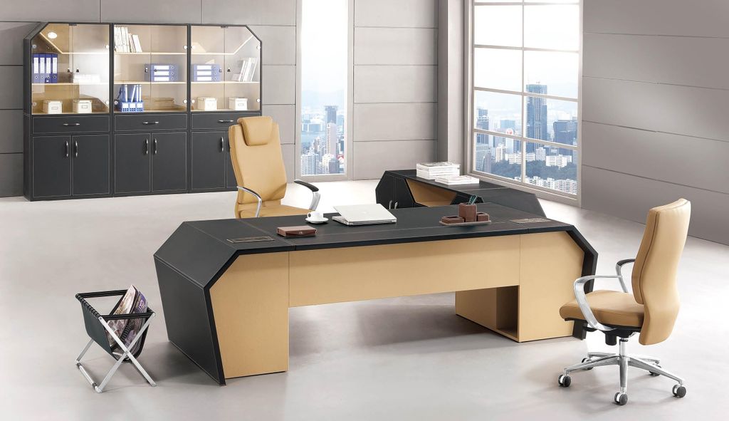 Set Office Furniture Group Corner Desk Boss Table Leather Wood Cabinet 3 Pieces