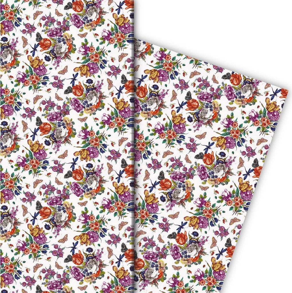 Üppiges Geschenkpapier mit Porzellan Blumen auf weiß - Produktbild 