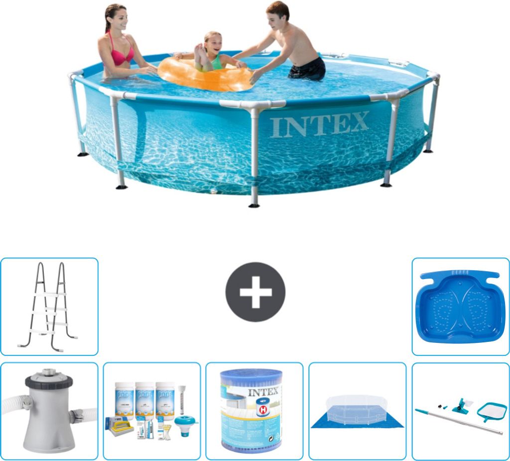 Intex Rundrahmen-Schwimmbecken – 305 x 76 cm – Wasserdruck – inklusive Pumpe Wartungspaket - Filter - Bodenplane - Reinigungskit - Leiter - F...