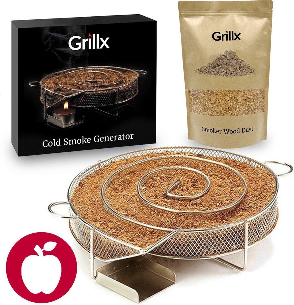 GrillX Cold Smoke Generator mit Apfel Räuchermehl - 3 Liter - Smokerbox - Edelstahl Räucherbox - Räuchergenerator - Kalträuchern - BBQ Zubehör