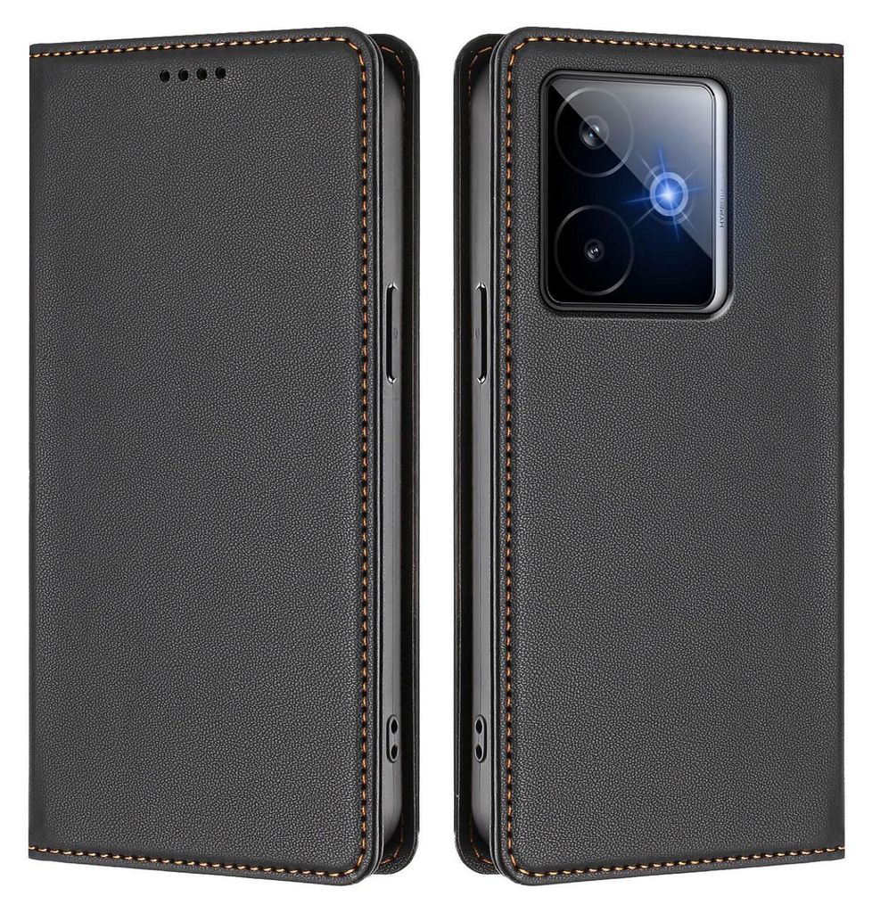 A product image showing a black flip-style phone case from the front and back.