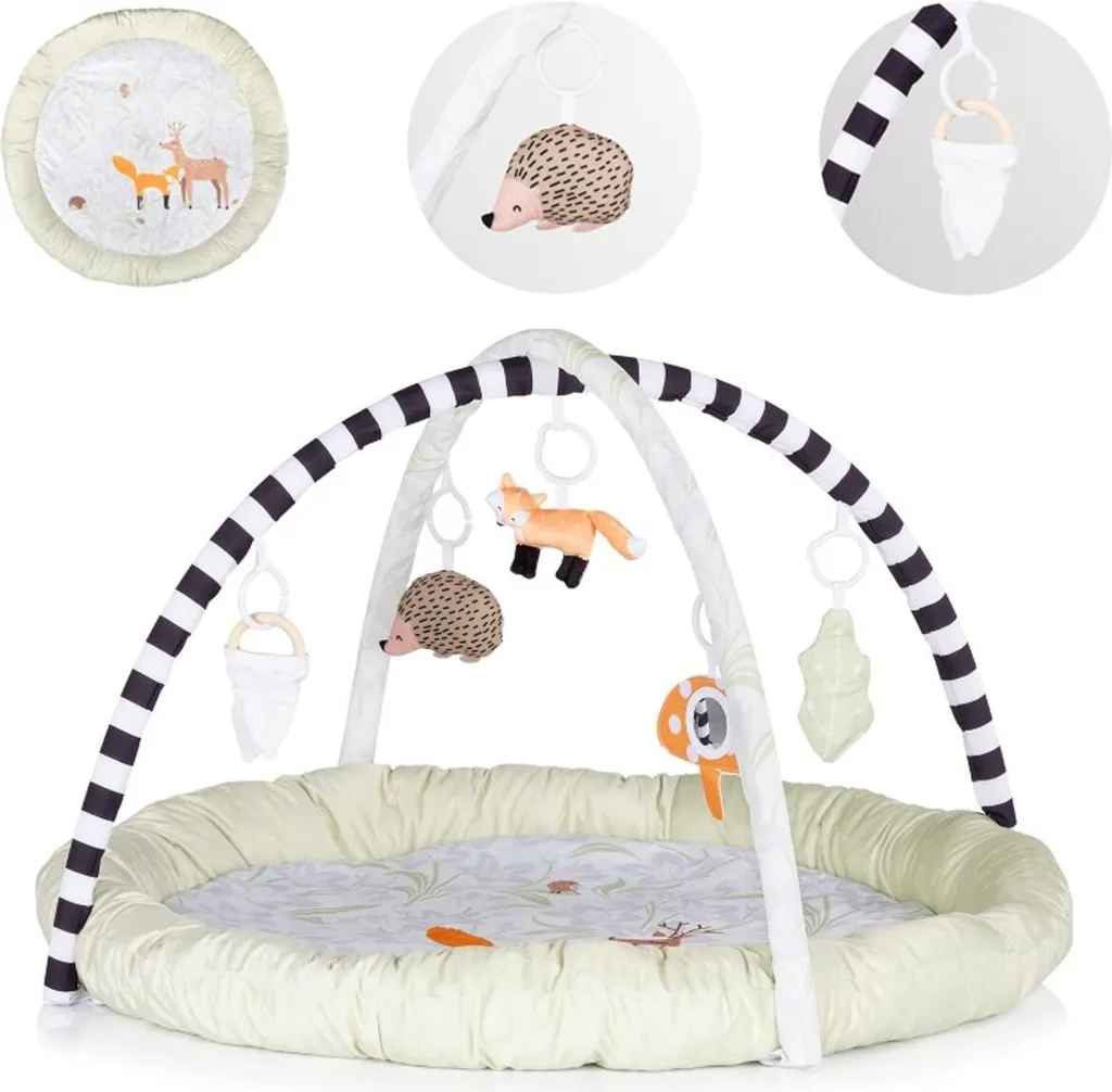 Aire d'éveil pour nouveau-né avec arche de jeux et tapis forêt beige