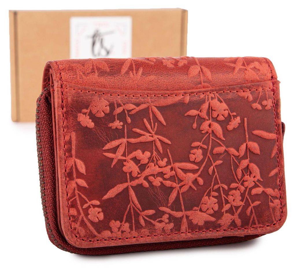 Damen Geldbörse RFID Echtleder Blumenprägung Reißverschluss Klein Rot