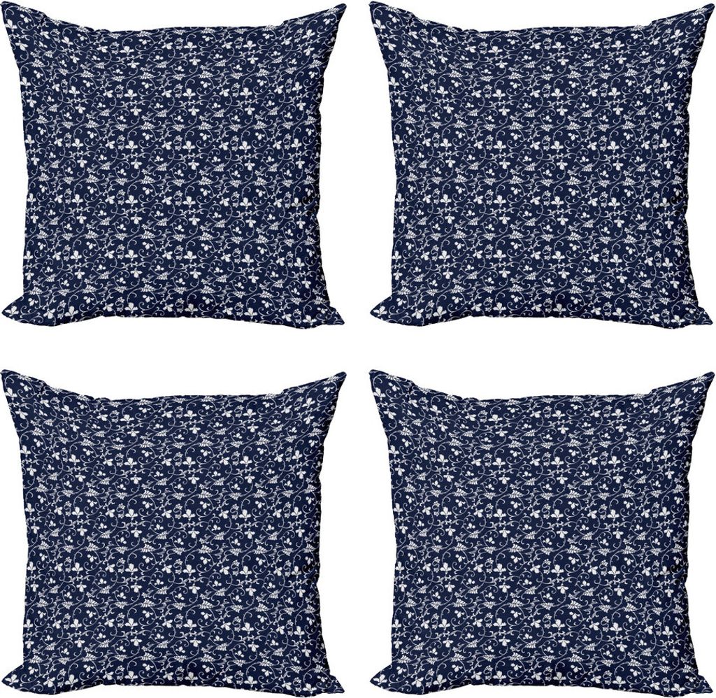 ABAKUHAUS Asian Blätter Kissenbezug Set (4 Stück), Timeless Folk Flora, Moderner Doppelseitiger Digitaldruck, 60 cm x 60 cm, Dark Indigo und Weiß