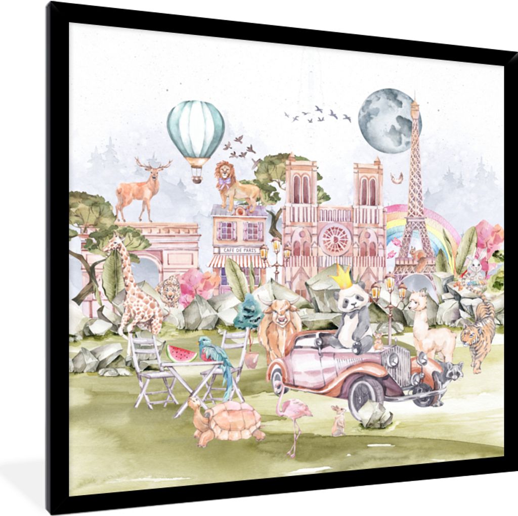 MuchoWow Gerahmtes Poster Paris - Regenbogen - Kinder - Rosa - Mädchen - Tiere 40x40 cm - Poster mit Schwarzem Bilderrahmen Wandposter Rahmen Fo...