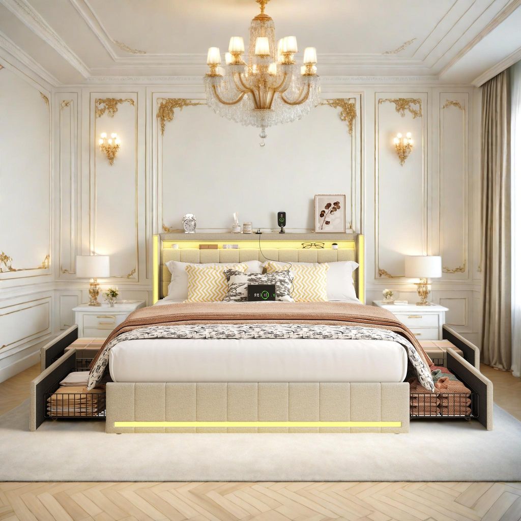 Doppelbett 160x200 cm in beigefarbenem Leinen – Kopf- und Fußteil mit LED-Beleuchtung, 4 Metallschubladen, USB- und Typ-C-Anschlüsse