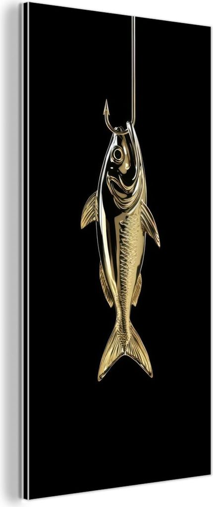 MuchoWow Wanddekoration Metall Metallbild Wandkunst 20x40 cm Gold - Fisch - Haken - Schwarz MuchoWow Aluminium Gemälde - Aluminium Gemäldes