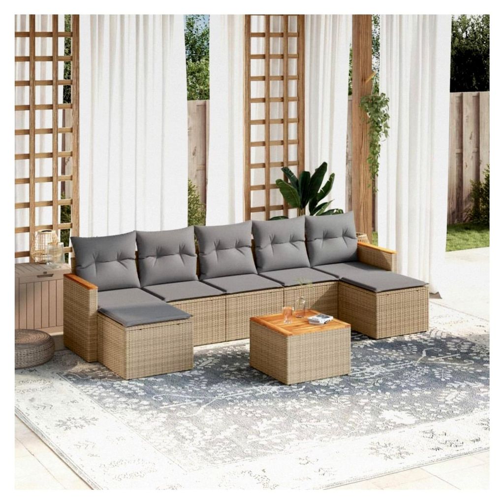 Gartenmöbel-Set mit Kissen, Beige, 8-teiliges Rattan-Set für den Außenbereich