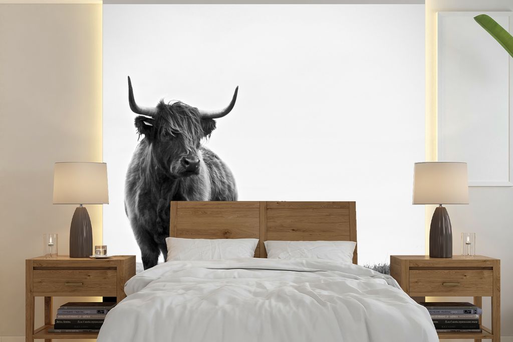 MuchoWow Fototapete für Wohnzimmer oder Schlafzimmer Wandtapete Vinyl Motivtapete Tiere - Schottische Hochlandbewohner - Schwarz und weiß - Nat...