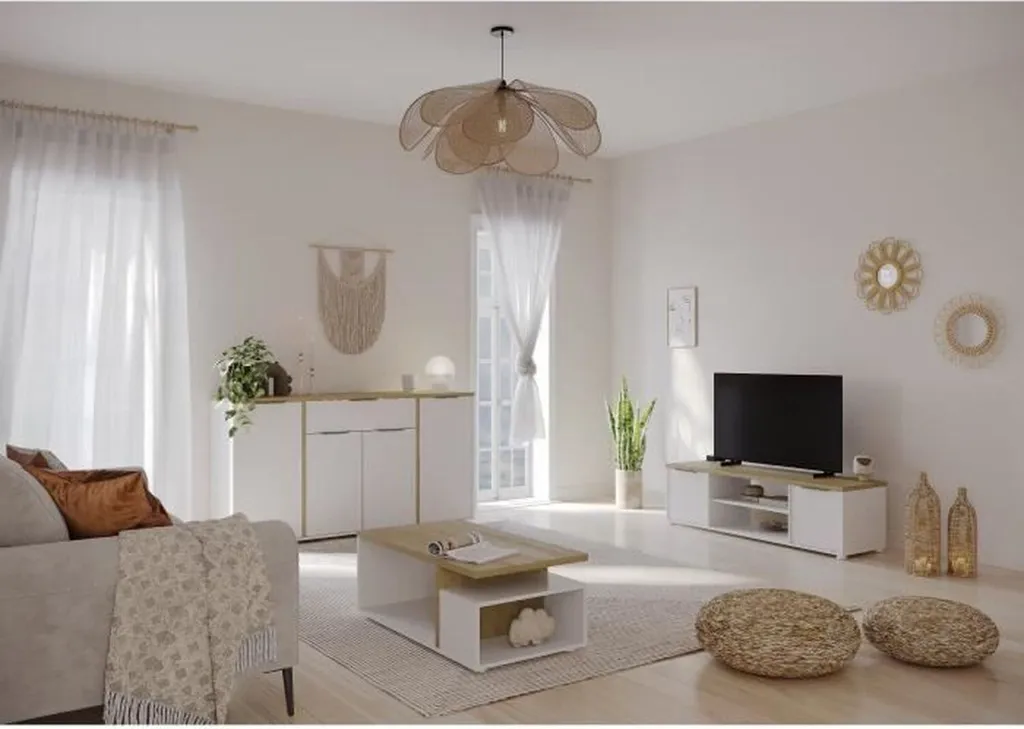 Mobilier de séjour complet avec table basse, banc TV et buffet 4 portes