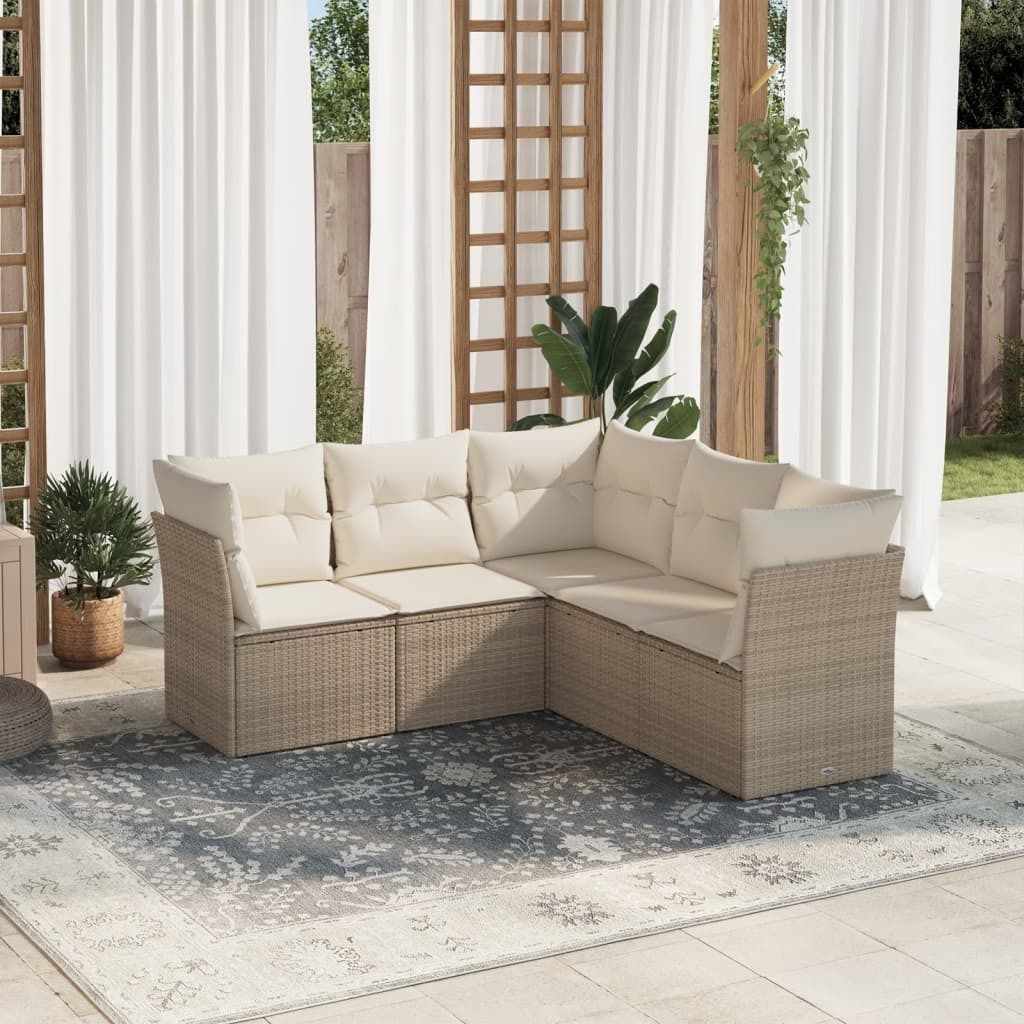 Schlichtes 5-tlg. Garten-Sofagarnitur,Lounge-Gartenmöbel, Gartensofa Set mit Kissen Beige Poly Rattan DE8053