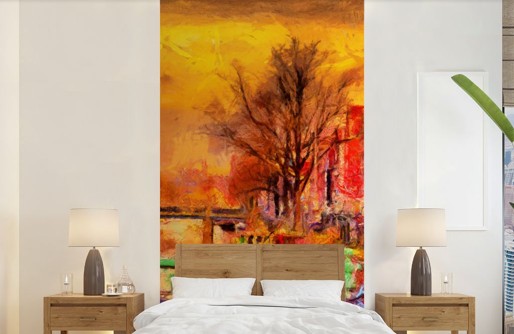 MuchoWow Fototapete für Wohnzimmer oder Schlafzimmer Wandtapete Vinyl Motivtapete Gemälde - Fahrrad - Amsterdam - Gracht - Öl - 120x240 cm - H...