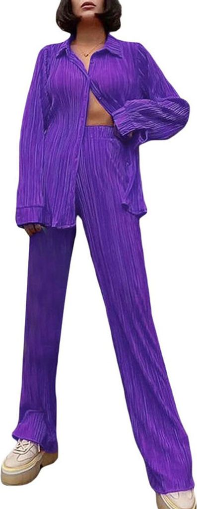 ASKSA Damen 2 Teiler Casual Outfits Sommer Plissee Set Zweiteiler Langarm Hohe Taille Loungewear, Violett, S