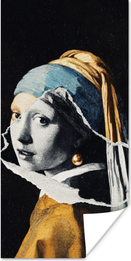 MuchoWow Poster Mädchen mit Perlenohrring - Gold - Schwarz - Weiß 40x80 cm - Dekoration