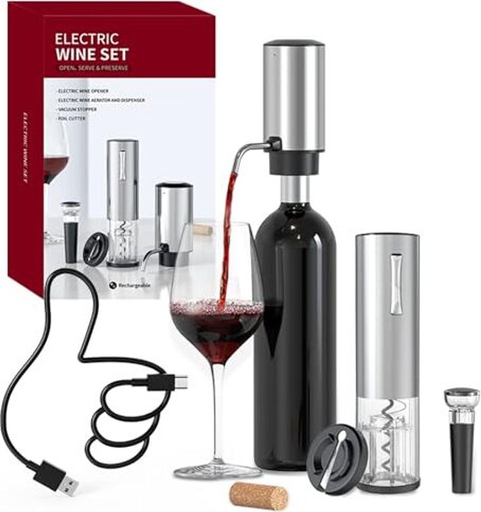 CIRCLE JOY Elektrisches Weinöffner-Set 4-in-1-Weinset mit Wiederaufladbarem Korkenzieher, Weinbelüfter, Folienschneider und Vakuum-Weinstopfen,